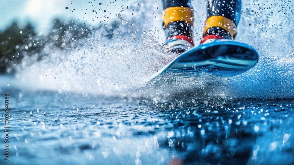 Naklejka premium A thrilling moment of wakeboarding on a sunny day splashing through clear blue water