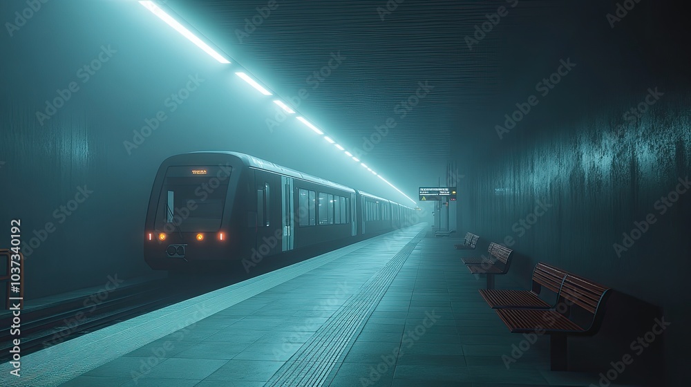 A modern train entering a deserted urban station, with benches lined up under soft lighting, giving a calm and quiet mood. A modern train entering a deserted urban station, with benches lined up under soft lighting, giving a calm and quiet mood.
