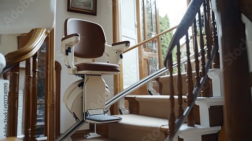 A modern automatic stair lift installed on a curved residential staircase, highlighting accessibility for elderly individuals. photo