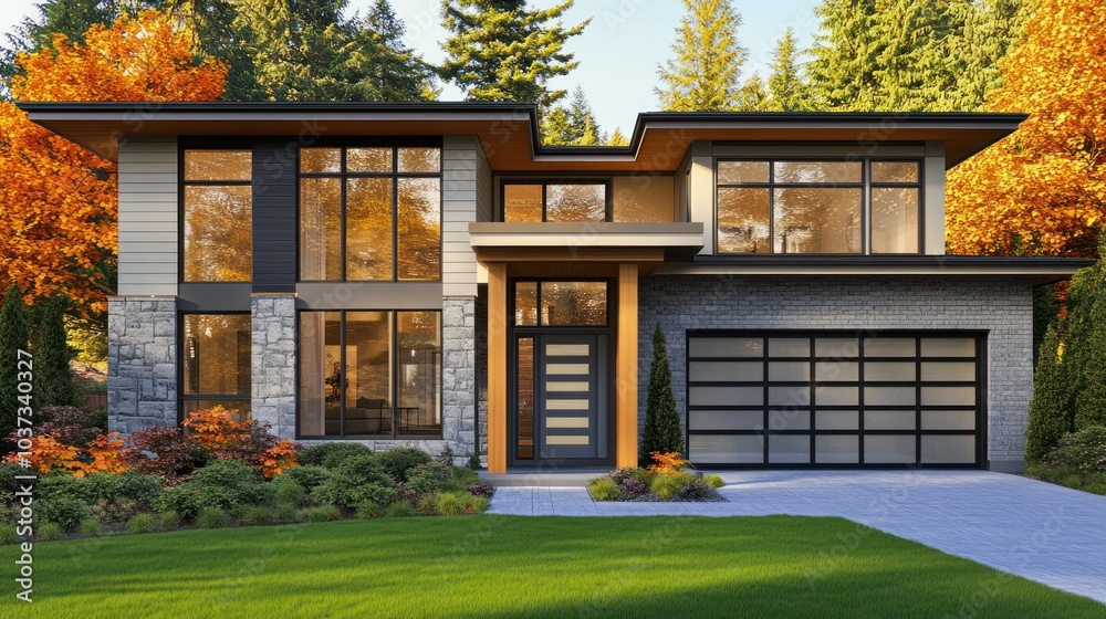 Modern Home with Autumn Foliage Modern Home with Autumn Foliage
