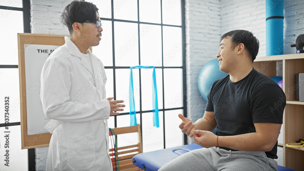 A male doctor and patient discuss treatment in a bright physiotherapy clinic, featuring rehabilitation equipment. A male doctor and patient discuss treatment in a bright physiotherapy clinic, featuring rehabilitation equipment.