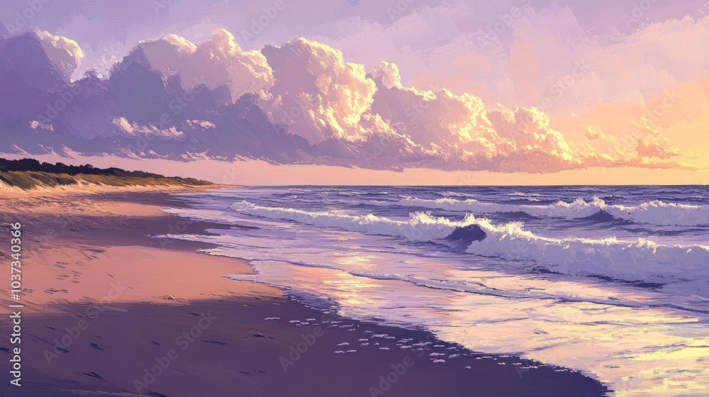 A peaceful beach scene with soft waves lapping at the shore, illuminated by the soft pinks and purples of a sunset sky. A peaceful beach scene with soft waves lapping at the shore, illuminated by the soft pinks and purples of a sunset sky.