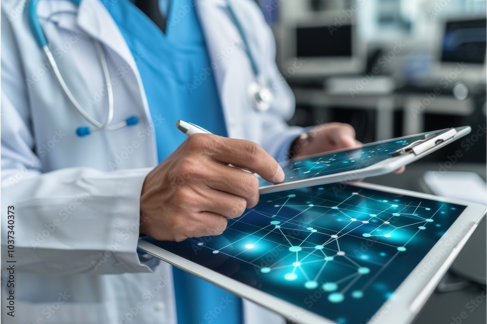 Fototapeta premium A healthcare professional analyzes patient data on a digital tablet in a modern medical facility