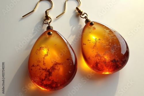 Amber teardrop earrings with intricate golden wirework against white photo