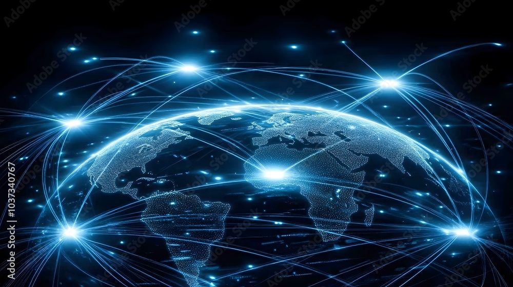 Fototapeta premium A glowing, interconnected globe representing global communication and technology networks set against a dark background.
