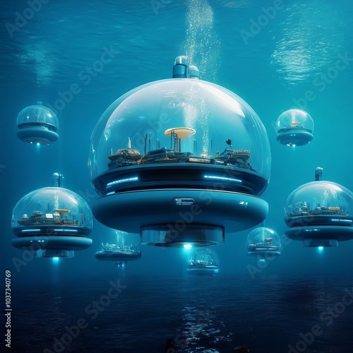 Alien ocean colonization, floating colonies, futuristic submarines, strange marine life photo