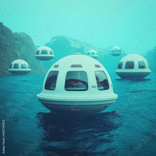 Alien ocean colony, floating habitats, futuristic submarines, strange marine life photo