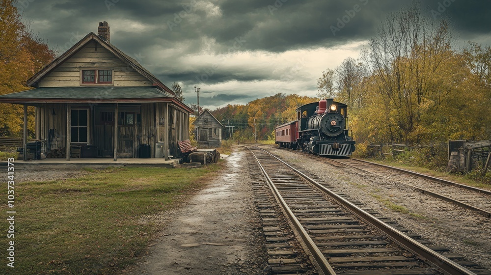 A small, rural train station with an old locomotive pulling in, creating a sense of history and peaceful solitude. A small, rural train station with an old locomotive pulling in, creating a sense of history and peaceful solitude.