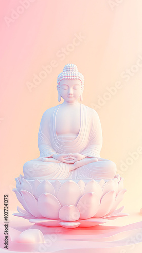 Serene Buddha Statue Seated on a Lotus Platform in Soft Pastel Tones, Perfect for Meditation, Spirituality, or Wellness-Themed Projects and Decor photo