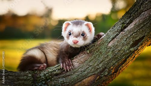 A playful ferret sits perched on a tree branch, bathing in warm sunlight. The image captures the inquisitive nature and charm of this adorable creature amidst a natural setting.