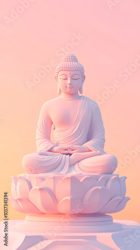 Serene Buddha Statue Seated on a Lotus Platform in Soft Pastel Tones, Perfect for Meditation, Spirituality, or Wellness-Themed Projects and Decor photo