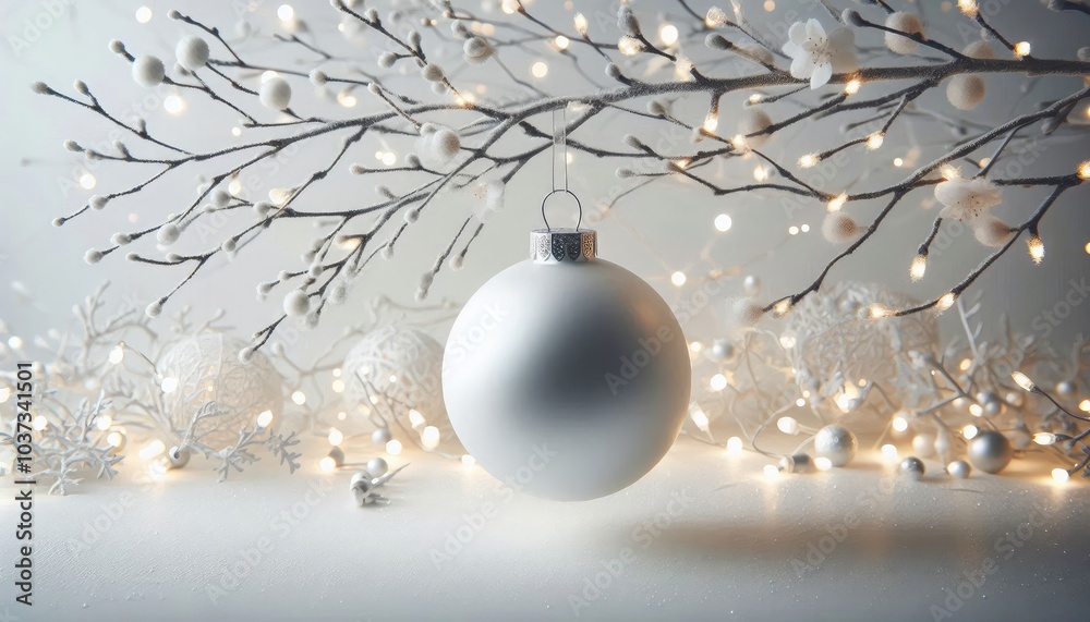 Minimalist close-up of a white bauble gracefully hanging on a bare branch, surrounded by delicate twinkling fairy lights on pure white background Minimalist close-up of a white bauble gracefully hanging on a bare branch, surrounded by delicate twinkling fairy lights on pure white background