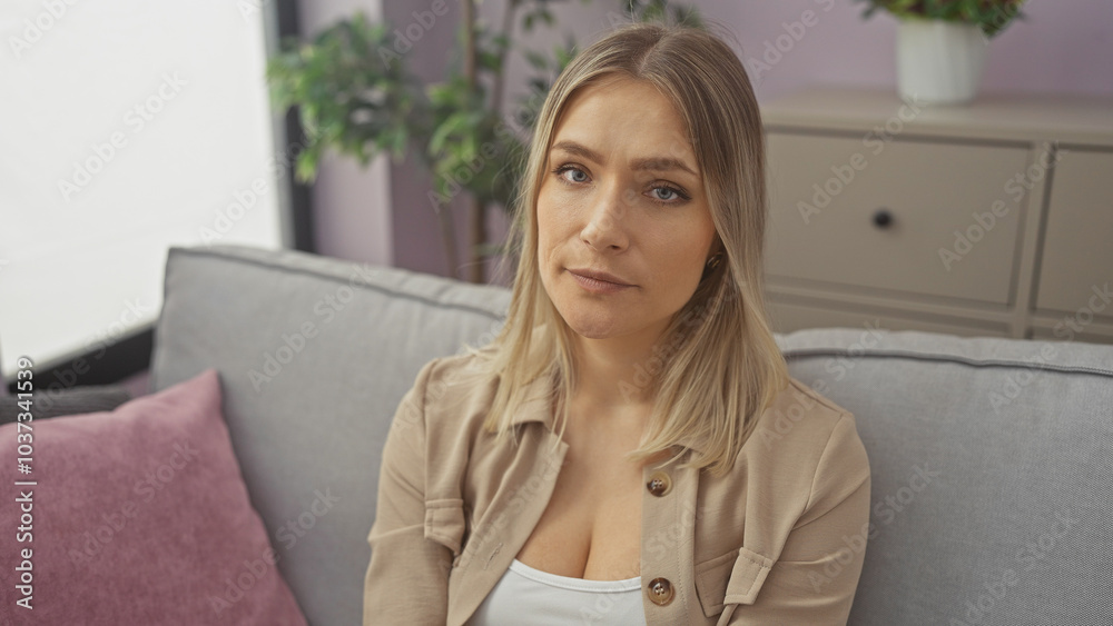 A beautiful young blonde woman sitting comfortably in a cozy living room, showcasing an attractive and serene indoor home environment with modern interior design. A beautiful young blonde woman sitting comfortably in a cozy living room, showcasing an attractive and serene indoor home environment with modern interior design.
