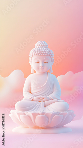 Serene Buddha Statue Seated on a Lotus Platform in Soft Pastel Tones, Perfect for Meditation, Spirituality, or Wellness-Themed Projects and Decor photo