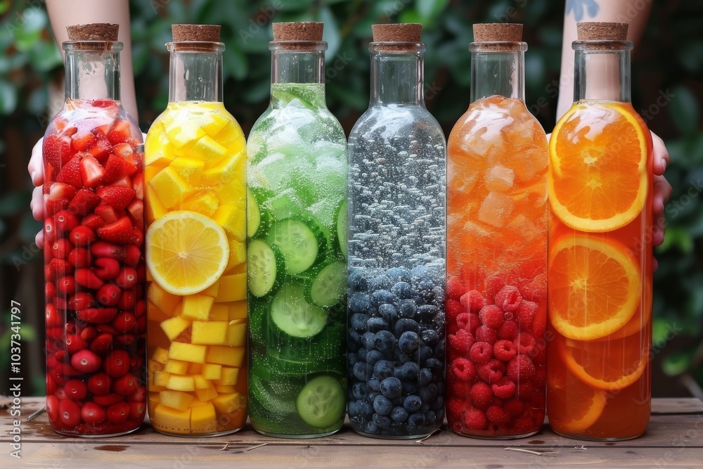 Refreshing fruit-infused beverages displayed in glass bottles on a wooden table during a sunny afternoon gathering Refreshing fruit-infused beverages displayed in glass bottles on a wooden table during a sunny afternoon gathering