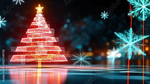 Futuristic Digital Christmas Tree with Lights in a Night Cityscape. Winter, Christmas and New Year scene with copy space, banner