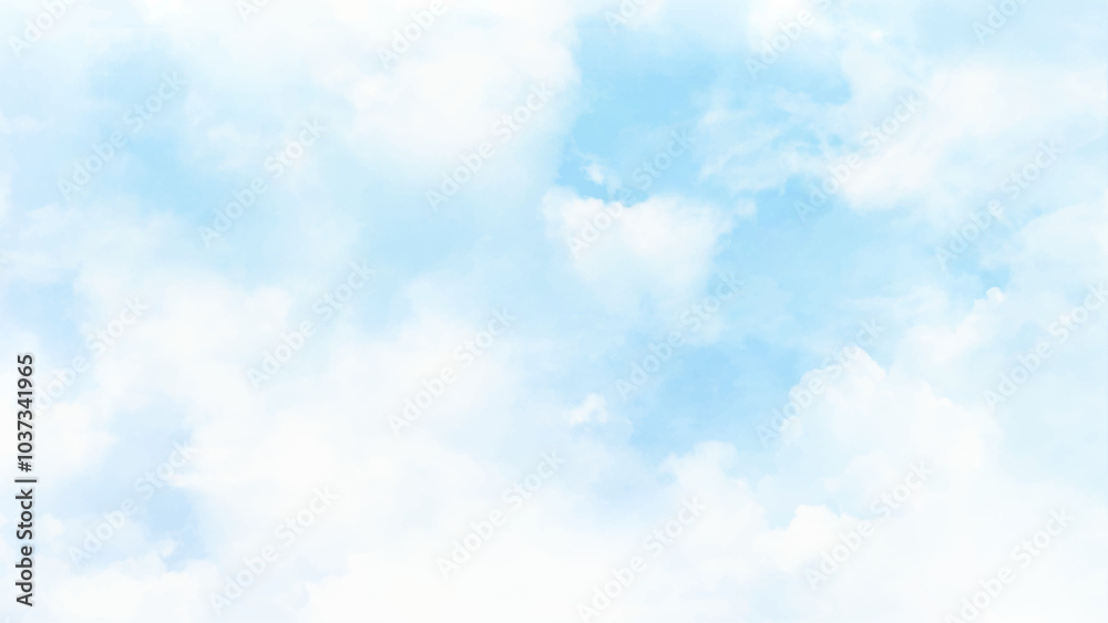 Fototapeta premium Bright blue sky with fluffy white clouds on a sunny day vector. Horizontal view blue sky.