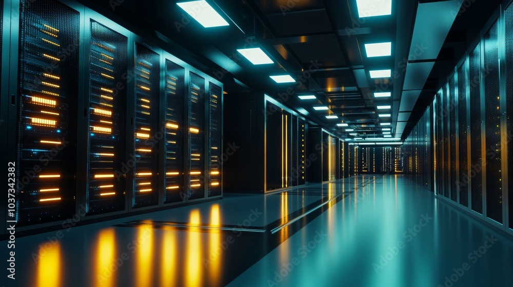 Fototapeta premium A modern data center with rows of server racks and glowing LED indicators, Data center scene, High-tech and secure style