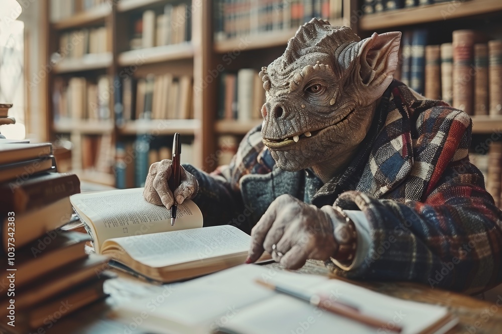 A fantasy creature studies diligently in a cozy library filled with books during an afternoon session of learning A fantasy creature studies diligently in a cozy library filled with books during an afternoon session of learning