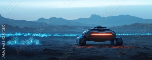 Colony ship landing, barren alien landscape, bioluminescent plants, futuristic vehicles