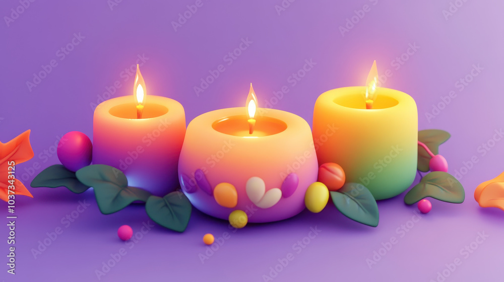 Vibrant candles set against a soft purple backdrop, featuring gentle flames and decorative leaves, perfect for autumn-themed decor or relaxation
