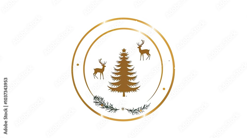 a golden circle with a Christmas tree and deer a golden circle with a Christmas tree and deer
