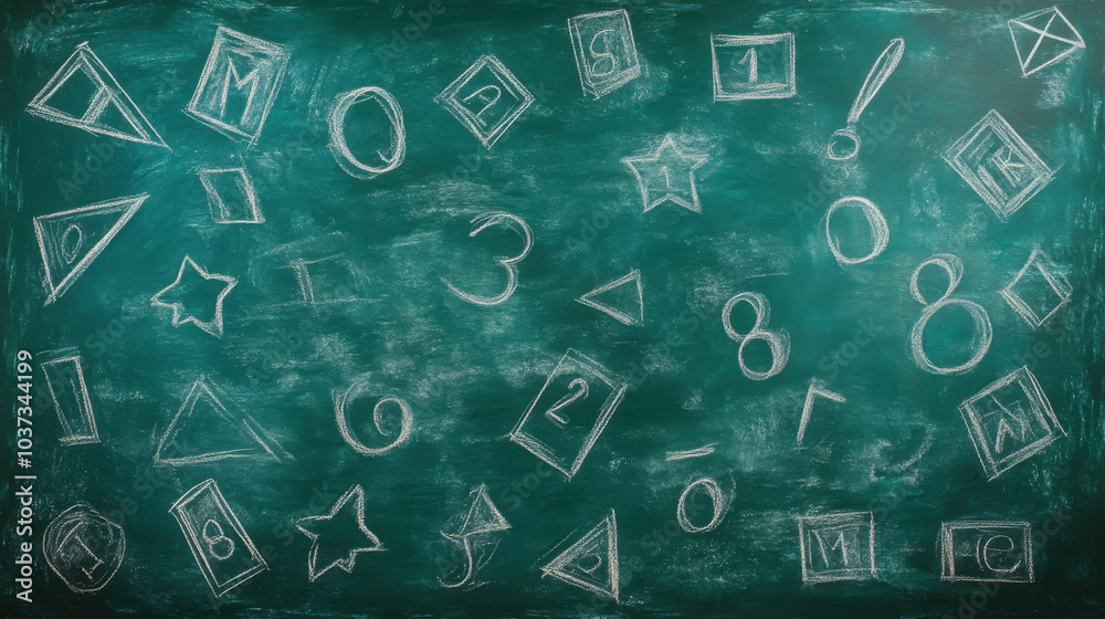 Chalkboard with geometric shapes and numbers in random arrangement Chalkboard with geometric shapes and numbers in random arrangement