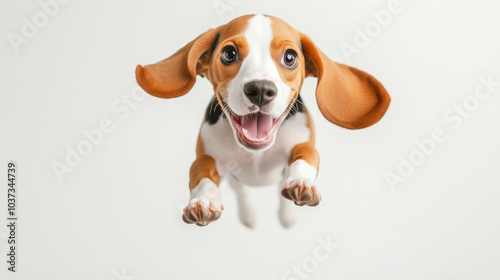 A joyful beagle puppy leaps in air, showcasing its playful spirit and adorable features. Its floppy ears and bright eyes capture essence of happiness and energy