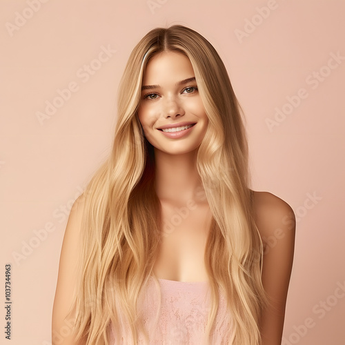 beautiful young model with shiny silky smooth wavy hair smiling 