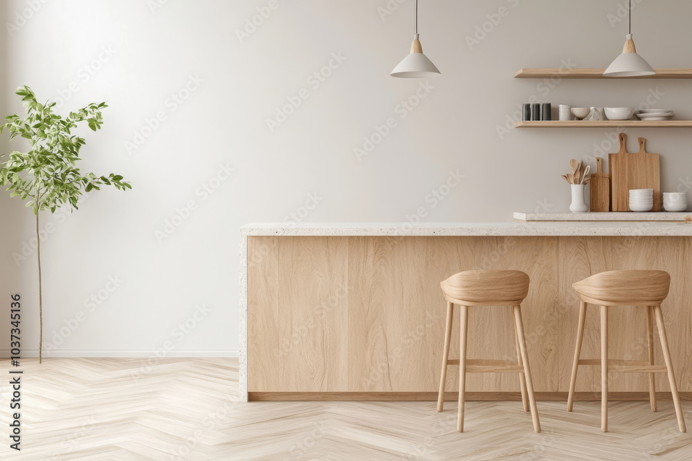 Modern kitchen interior with wooden bar stools, minimalist design, and serene atmosphere. light color palette and natural elements create calming space perfect for relaxation Modern kitchen interior with wooden bar stools, minimalist design, and serene atmosphere. light color palette and natural elements create calming space perfect for relaxation