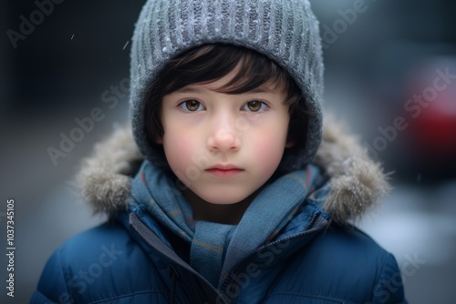 Portrait of a cute little boy in winter coat and hat.