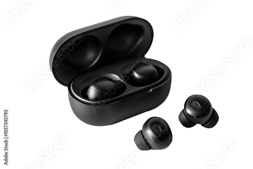black airpods isolated on a white transparent background photo