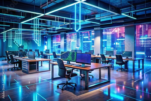 Neon Cyberpunk Open Space Office Interior, Modern IT Concept. This stunning neon cyberpunk open space office interior features modern information technology concepts, computers, and chairs. Generative