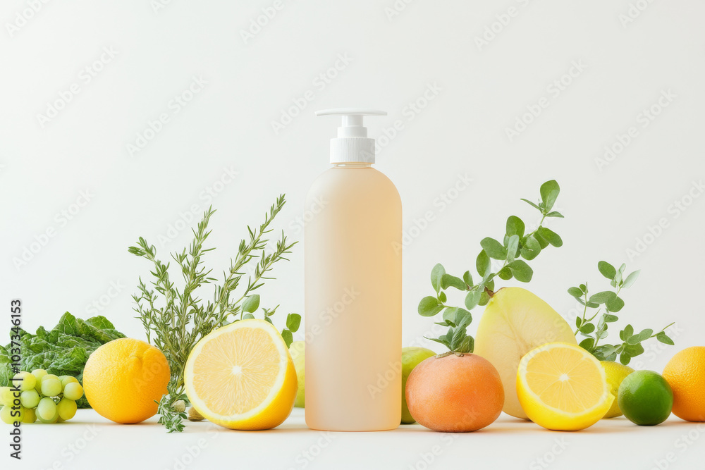 Fototapeta premium A clear bottle stands among fresh fruits and herbs, including lemons, oranges, and green grapes, creating vibrant and refreshing scene. This arrangement evokes sense of natural wellness and vitality
