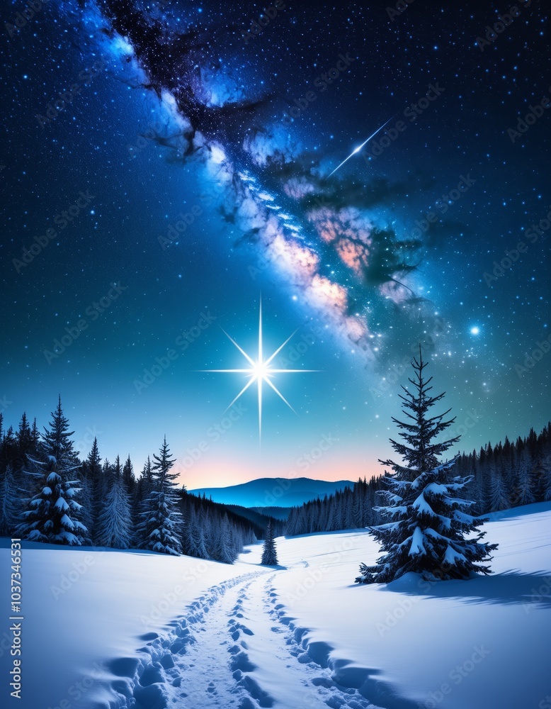 Fototapeta premium Night sky with a bright star in a surreal winter landscape
