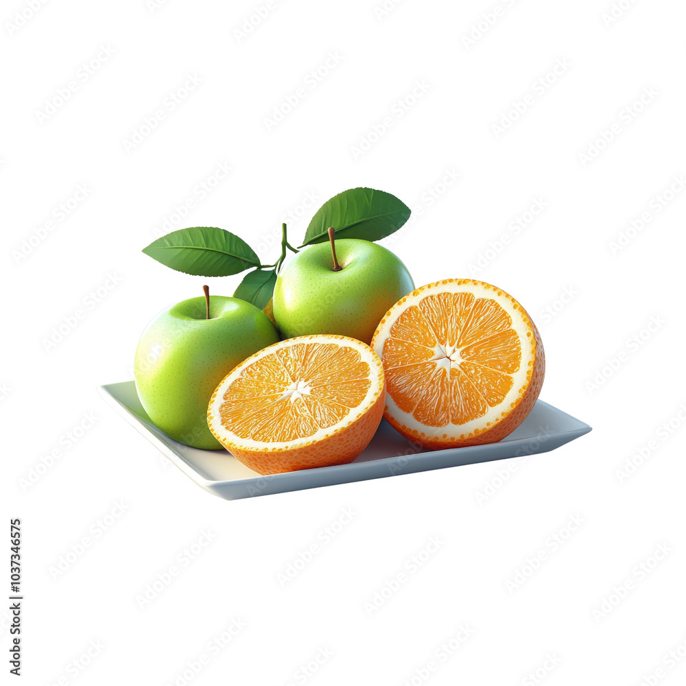 Fresh Green Apples and Orange Halves on a White Plate Fresh Green Apples and Orange Halves on a White Plate