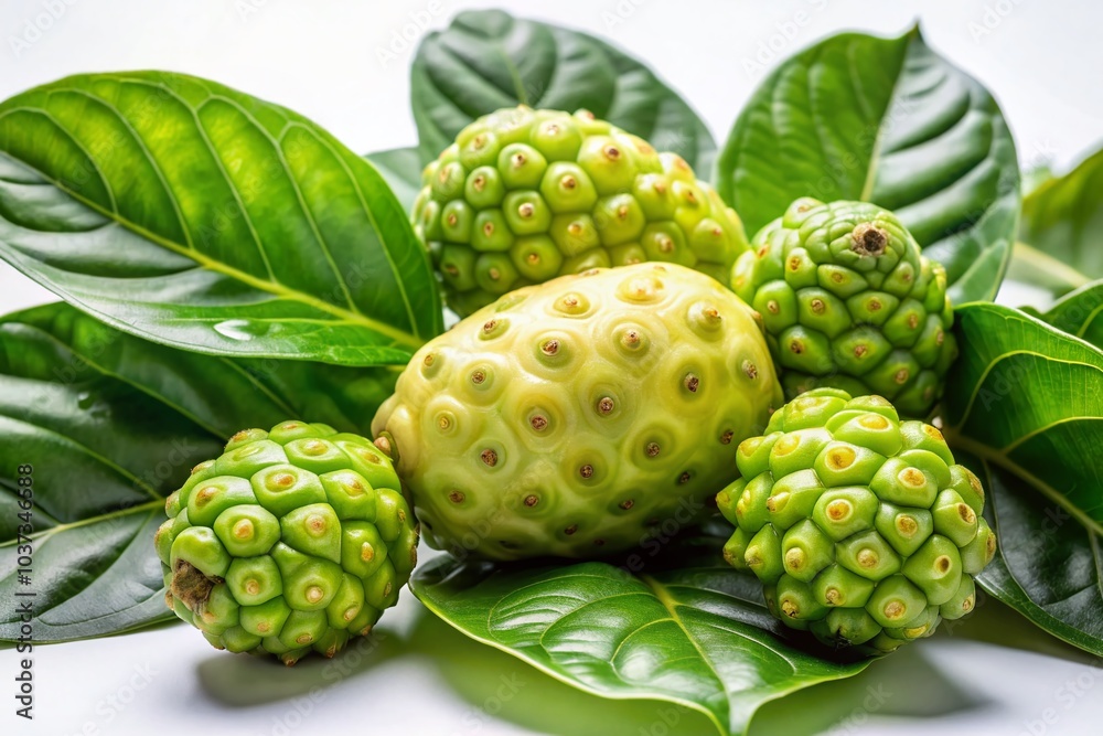 Noni Fruit and Green Leaves on White Background for Natural Health and Wellness Concepts Noni Fruit and Green Leaves on White Background for Natural Health and Wellness Concepts