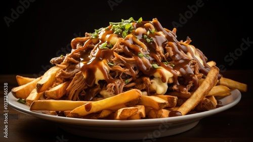 A detailed close-up of a loaded poutine with pulled pork, saued mushrooms, and a drizzle of barbecue sauce, showcasing the rich layers of toppings and textures.