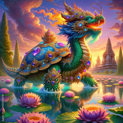 Majestic Mythical Turtle-Dragon: A Regal Creature with Ornate Jewel-Encrusted Shell Gliding Through a Lotus-Filled Lake Under a Glowing Sunset in a Mystical Landscape photo