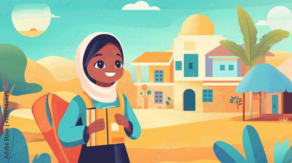 Smiling young girl in a headscarf holds books and a backpack in front of a desert village. Smiling young girl in a headscarf holds books and a backpack in front of a desert village.