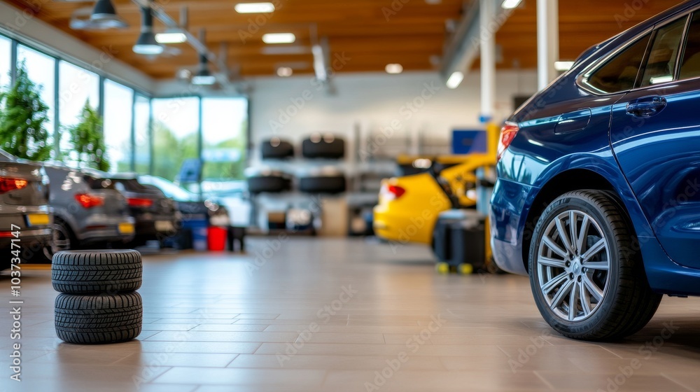 Fototapeta premium Interior de un concesionario de coches con neumáticos apilados y varios vehículos estacionados. El ambiente es amplio y moderno, con grandes ventanales que dejan entrar la luz. 
