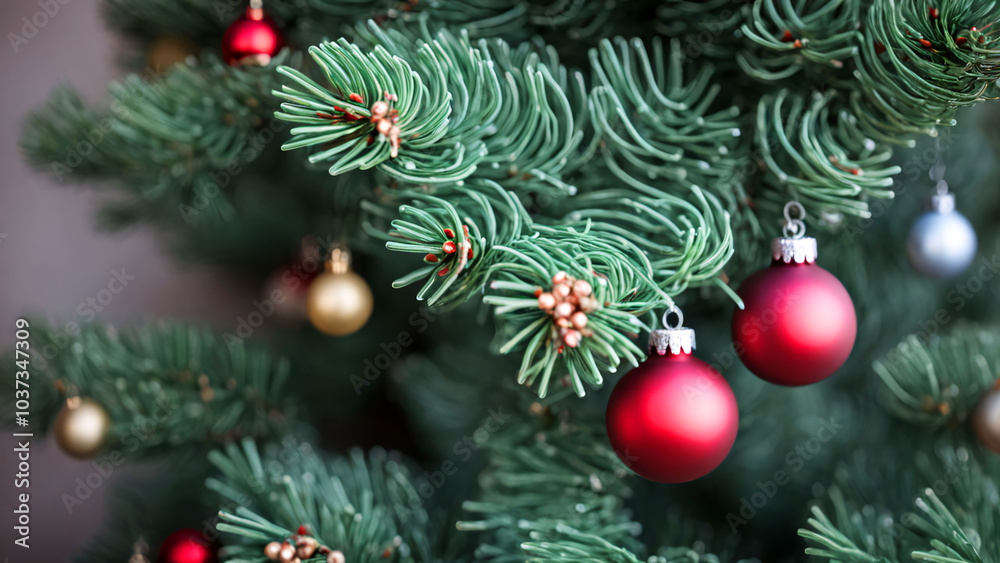 Pine trees decorated at Christmas. The background is blurred, leaving space on the left for text, Pine trees decorated at Christmas. The background is blurred, leaving space on the left for text,