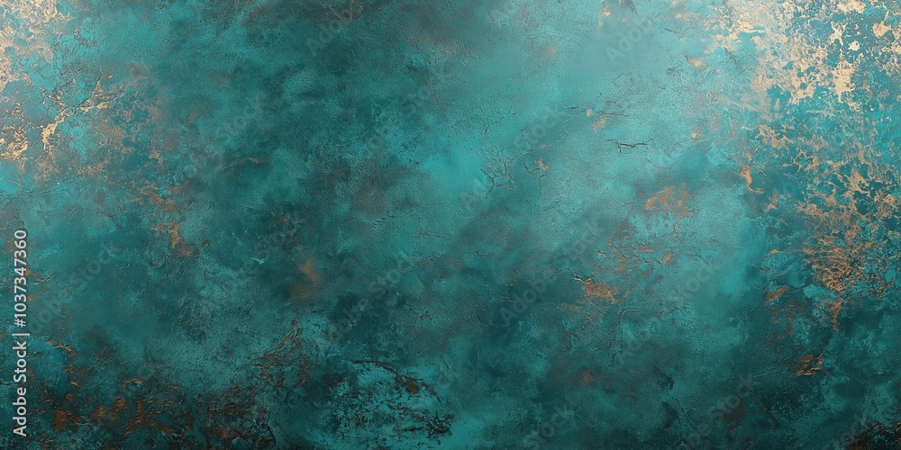 Obraz premium Oxidized copper surface with a rich turquoise patina and subtle patches of rust, creating a textured and weathered metallic effect, perfect for industrial or vintage designs, selective focus
