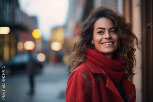 Outdoor portrait of beautiful young woman in red coat and red scarf