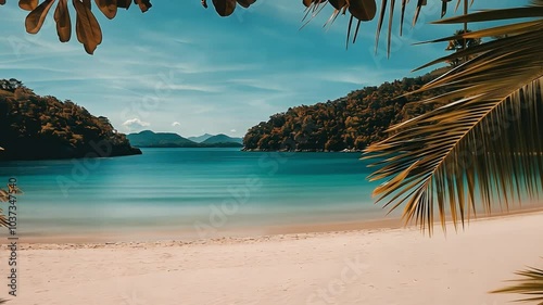 A tranquil beach with turquoise water, sandy shore, and lush green hills in the background. Palm leaves frame the scene. photo