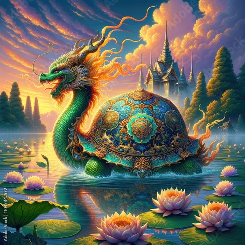 Majestic Mythical Turtle-Dragon: A Regal Creature with Ornate Jewel-Encrusted Shell Gliding Through a Lotus-Filled Lake Under a Glowing Sunset in a Mystical Landscape photo