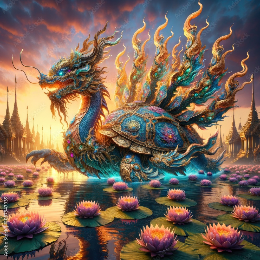 Fototapeta premium Majestic Mythical Turtle-Dragon: A Regal Creature with Ornate Jewel-Encrusted Shell Gliding Through a Lotus-Filled Lake Under a Glowing Sunset in a Mystical Landscape