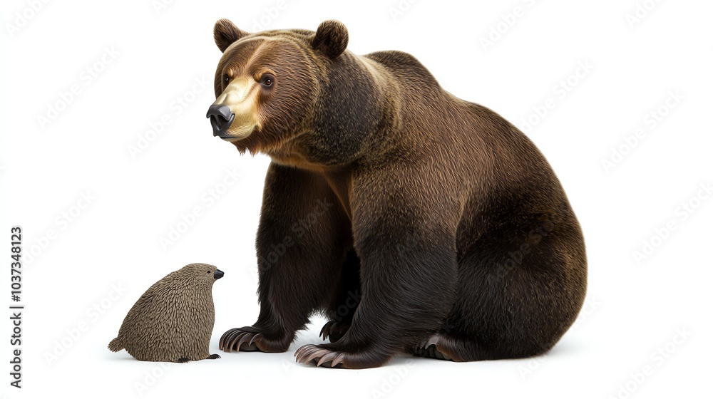 Fototapeta premium A large bear sits next to a smaller, spotted animal, showcasing contrasting sizes and species in a visually striking way.