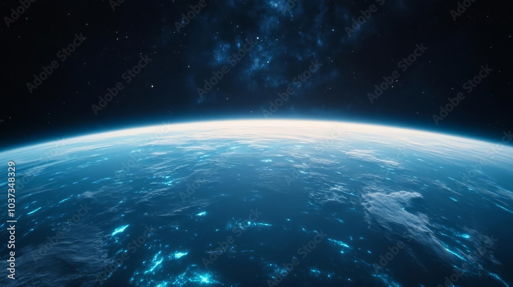 Fototapeta premium Space habitat above glowing alien ocean, bioluminescent creatures, cosmic view