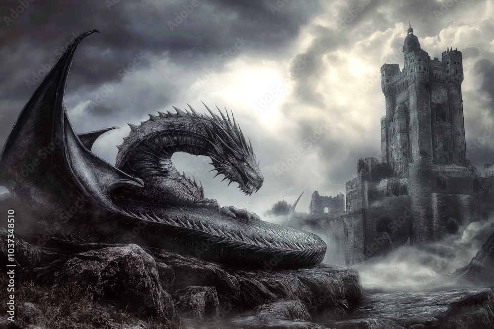 Fototapeta premium Dragon curled up around an ancient castle, with storm clouds gathering overhead.